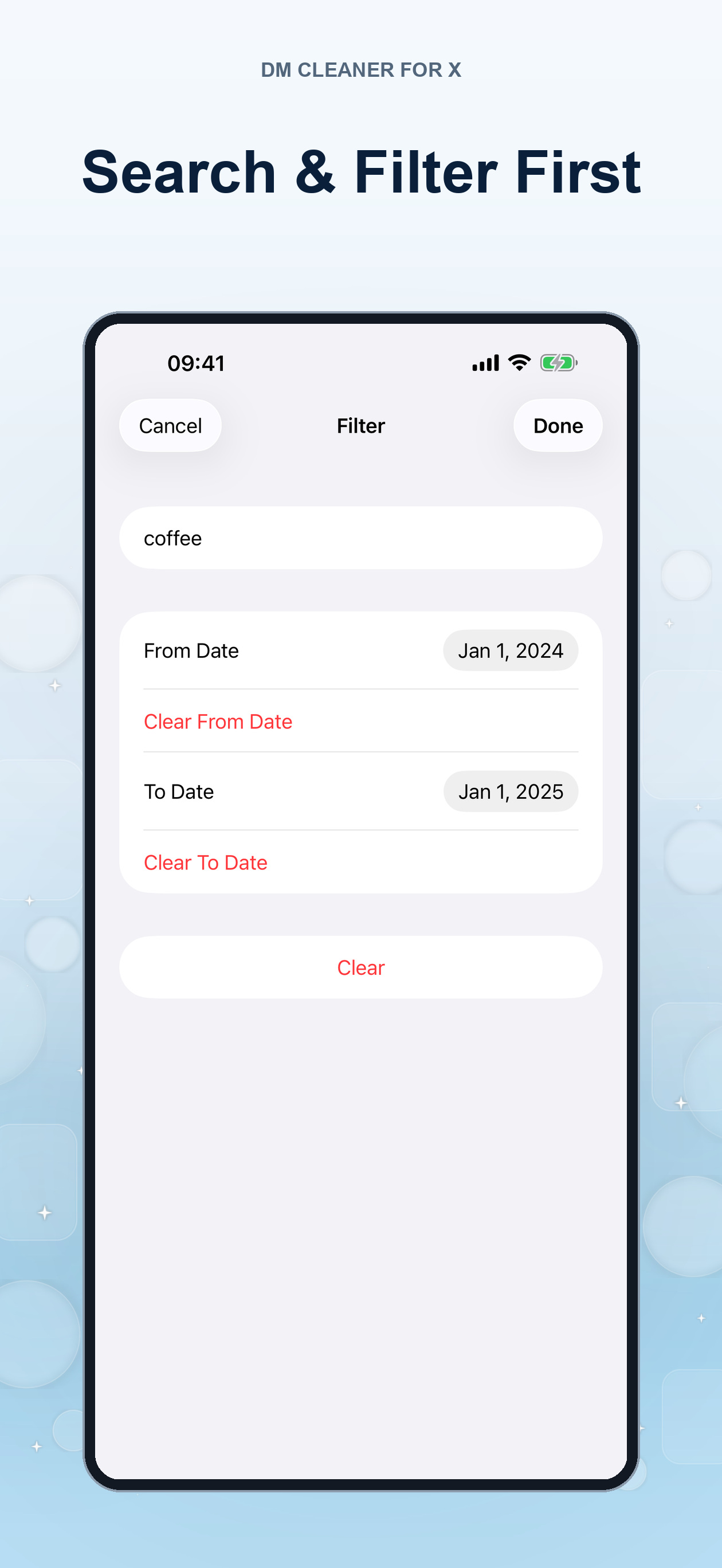 Message Cleaner date and keyword filter screen